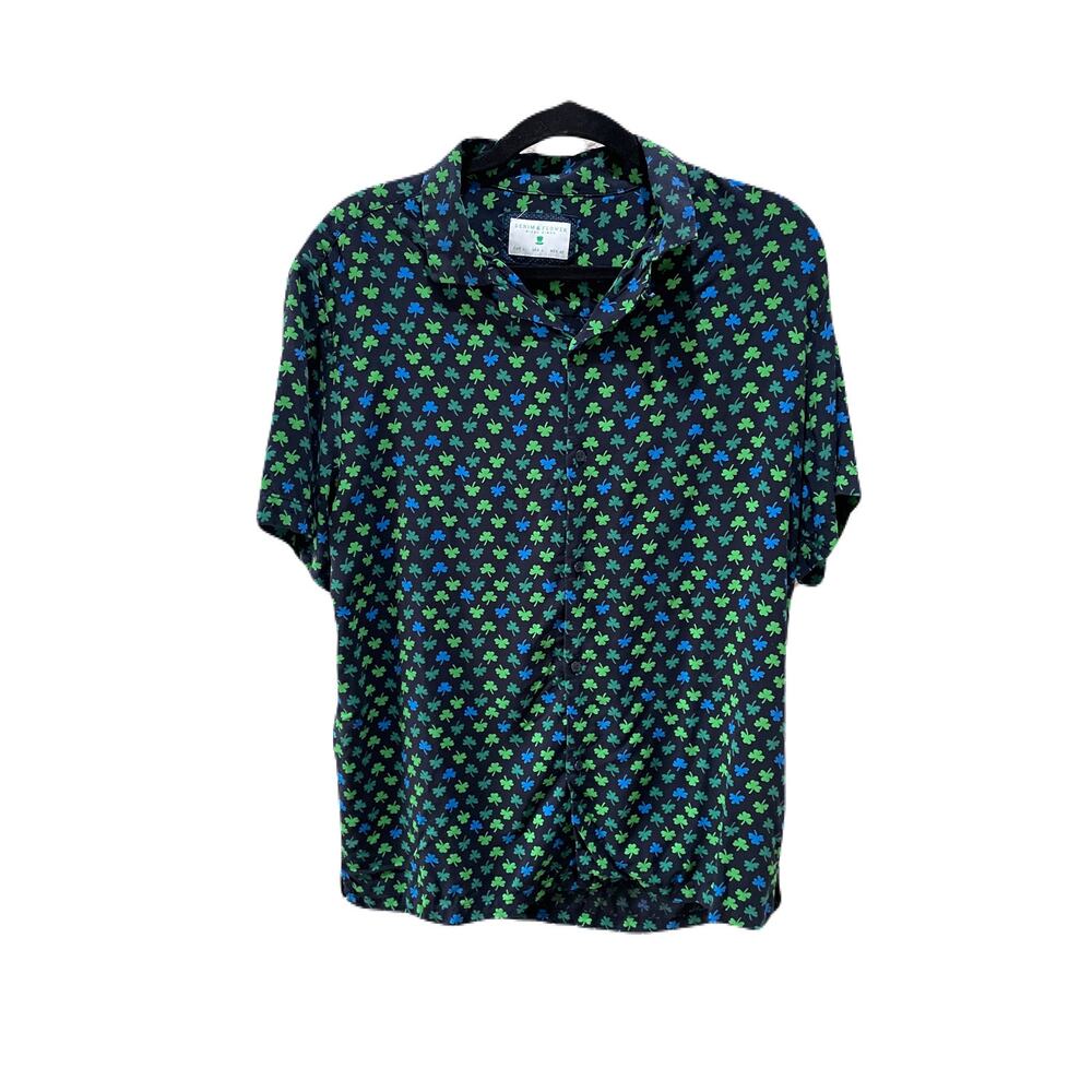Denim & Flower Ricky Singh Short Sleeve Shamrock Button Down Shirt Size Large